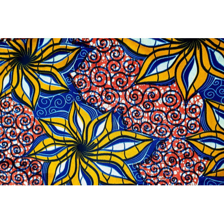 Tissu de wax africaine Fleurs jaunes et bleues imprimées