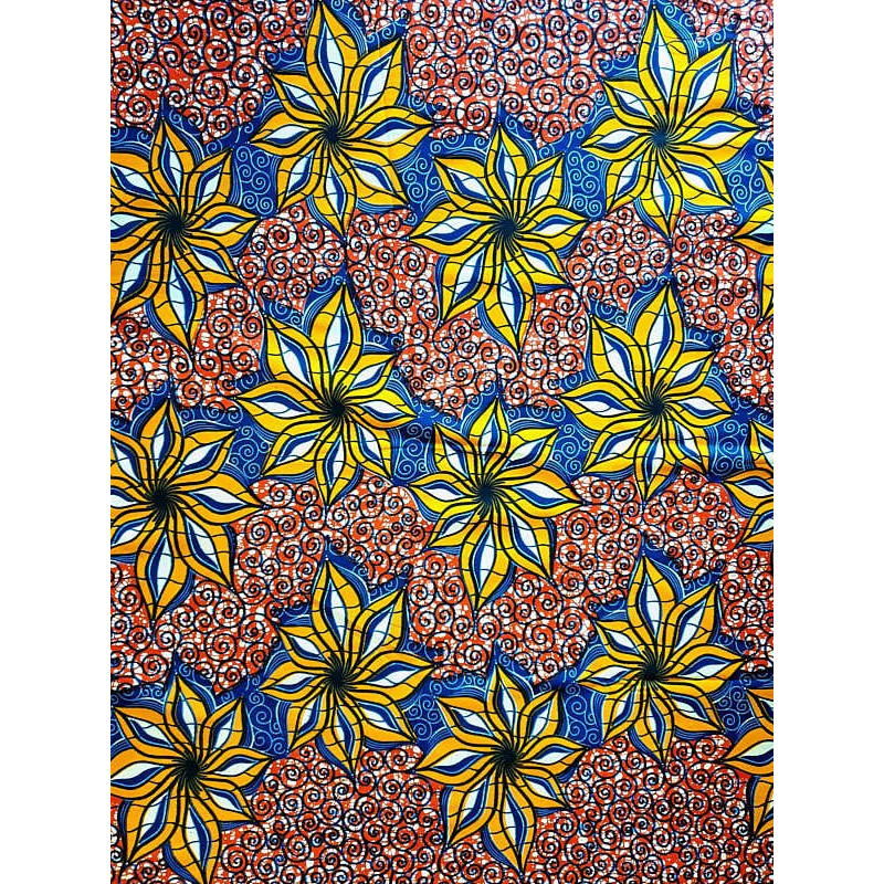 Tissu de wax africaine Fleurs jaunes et bleues imprimées