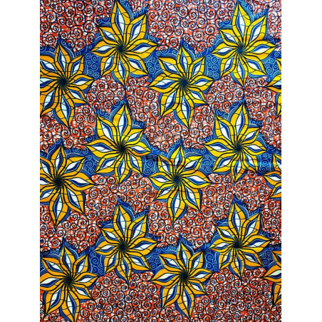 African Wax Fabric Printed yellow and blue flowers