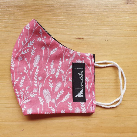 Reversible cloth face mask with white leaves on pink fabric 100% cotton