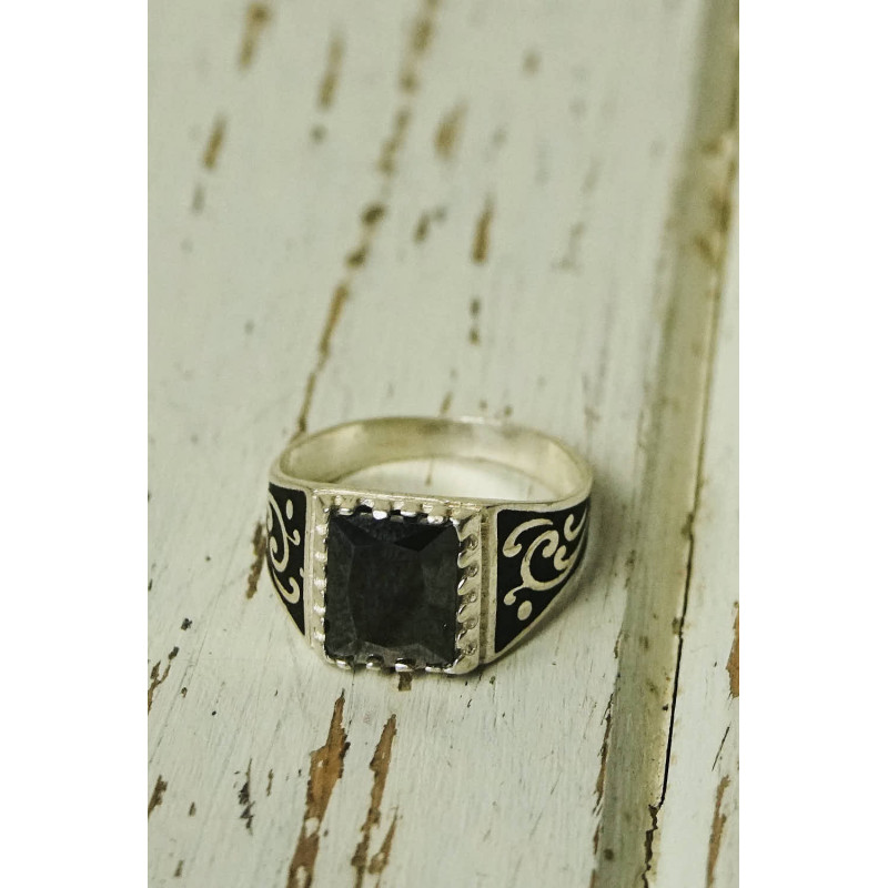 Antique ethnic silver ring with black stone