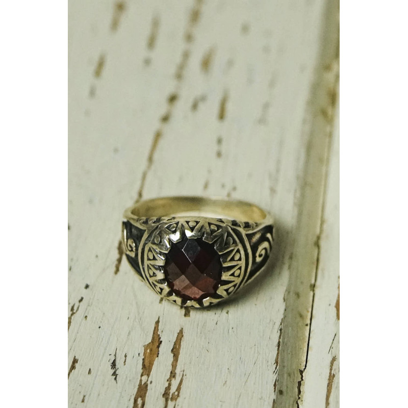 Ethnic silver ring with garnet stone _ 1