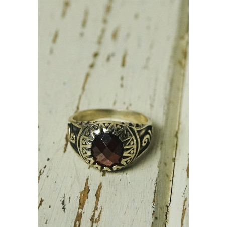Ethnic silver ring with garnet stone
