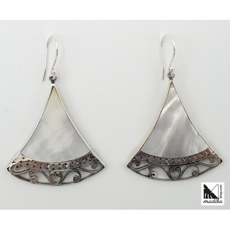 Silver and mother-of-pearl ethnic triangle earrings