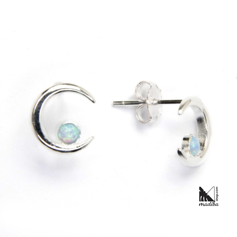 Moon with Opal  - Sterling Silver Earrings _ 1