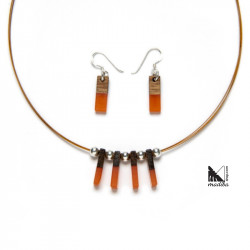 Sterling Silver Necklace and Earrings Set - Wood and Coral Resin