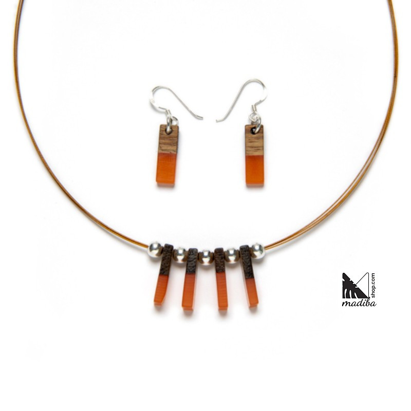 Sterling Silver Necklace and Earrings Set - Wood and Coral Resin