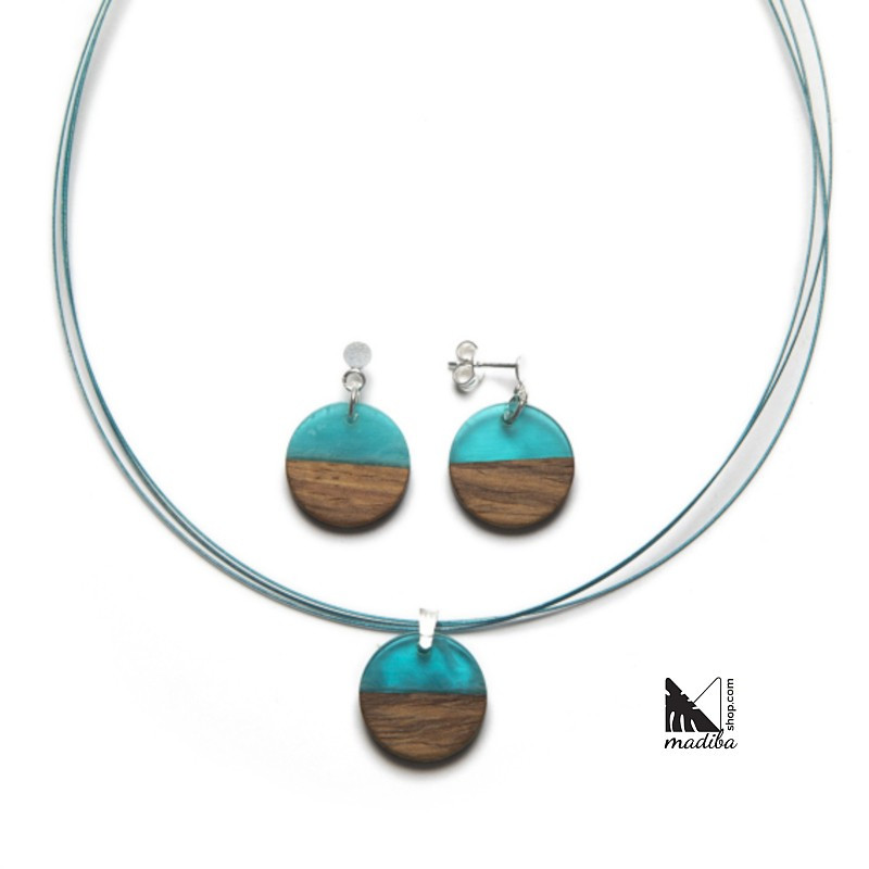 Sterling Silver Necklace and Earrings Set - Wood and Turquoise Resin