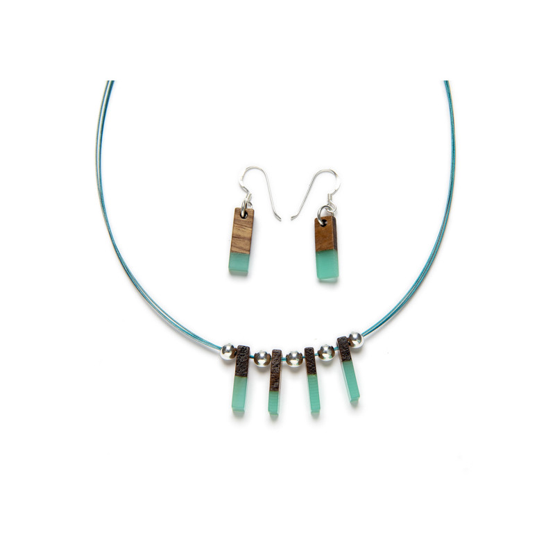 Sterling Silver Necklace and Earrings Set - Wood and Turquoise Resin _ 1