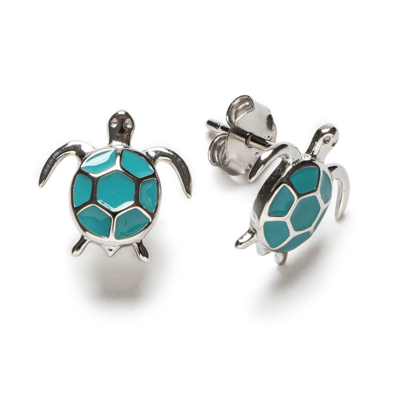 Turtle - Rhodium plated silver and Turquoise Enamel earrings _ 1
