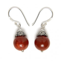 Ethnic round Coral - Silver Earrings _ 1
