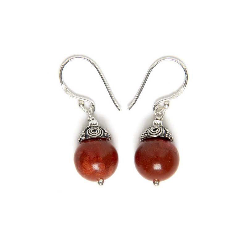 Ethnic round Coral - Silver Earrings _ 1